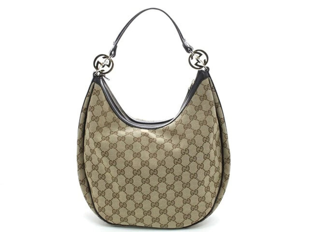 Gucci Hobo Bag GG Canvas Leather Beige Cream Dark Brown